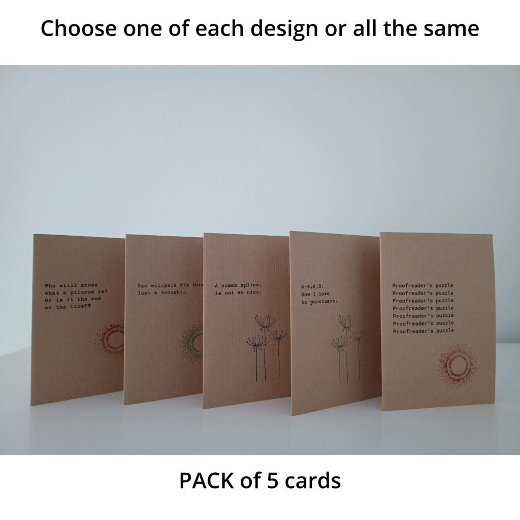 Pack of 5 blank writing-themed greetings cards. Perfect gifts for words people.